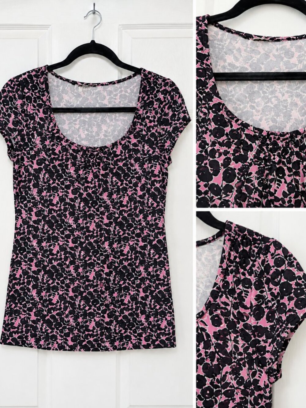 Womens t-shirt top-Pink/blk/wh abstract floral w/button detail-Small/Med-Halogen